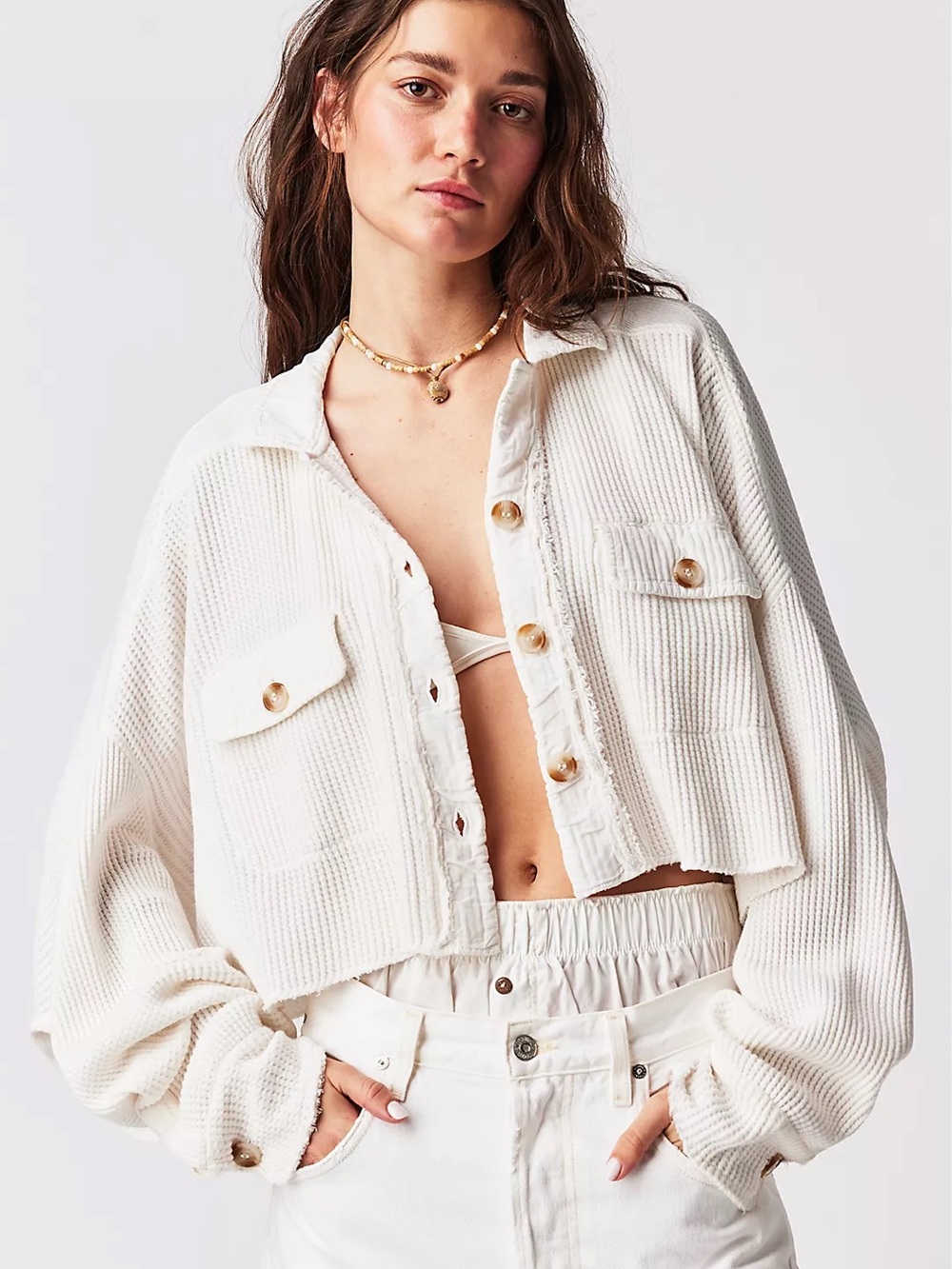 Free People Cream white Cropped Waffle-Knit Button-Down